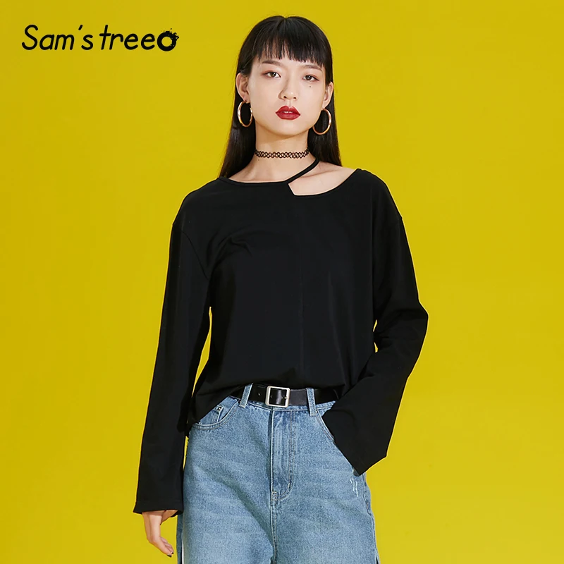 

Women Basic Cotton Underwear Tee Shirts Hollow Out Solid Brief Long Sleeve Shirts O Neck Asymmetrical Tees Spring Tops