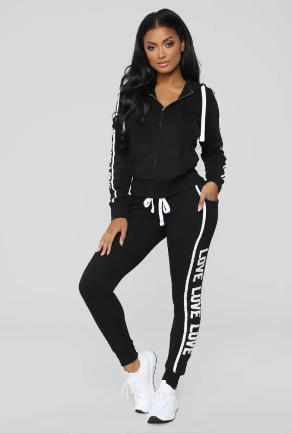 2 Piece Set Women Pant And Top Autumn Plus Size Casual Outfit Sexy Sweat Suits Two Piece Sweatshirt Tracksuit - Цвет: Черный