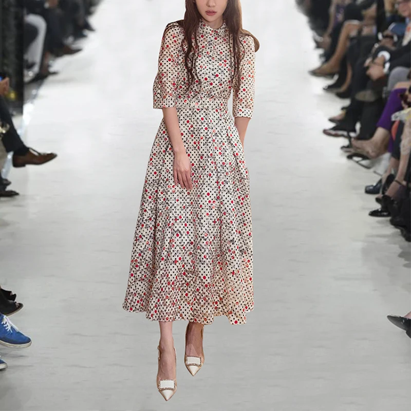 HIGH QUALITY Newest 2019 Summer Runway Dress Women's Half Sleeve Dot Print Midi | Женская одежда