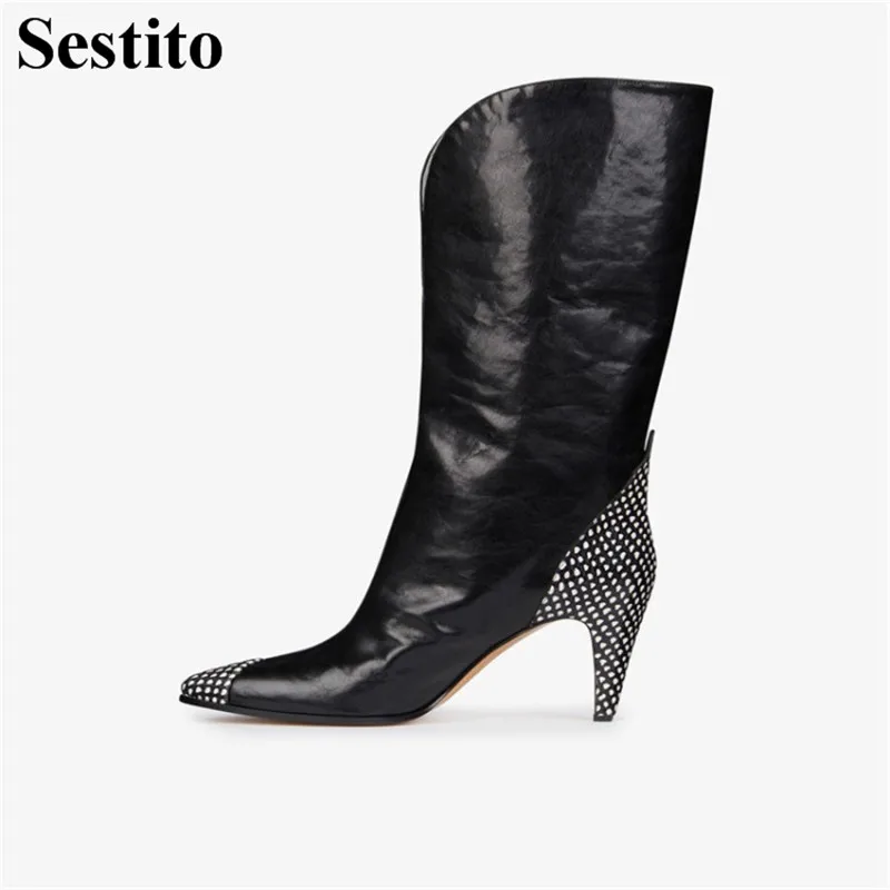 

Sexy Black Patchwork Snake Pattern Catwalk Woman Boots Pointed Toe Mid-Calf Boots Women Red High Heel Slip-on Autumn Women Shoes