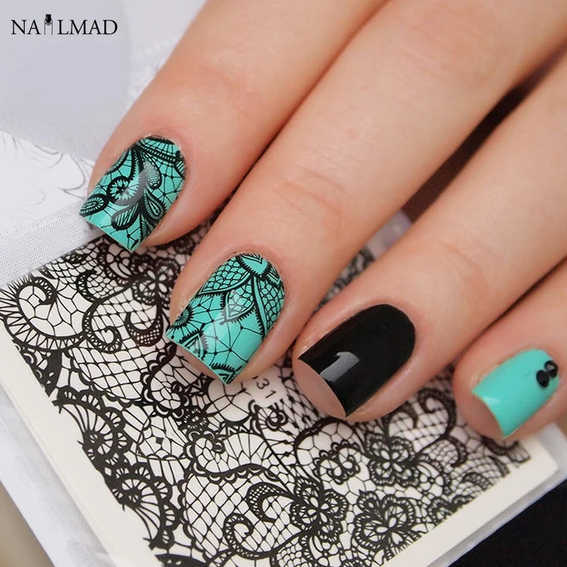 4sheets Black Lace Nail Water Decals Lace Nail Stickers Full Lace Nail