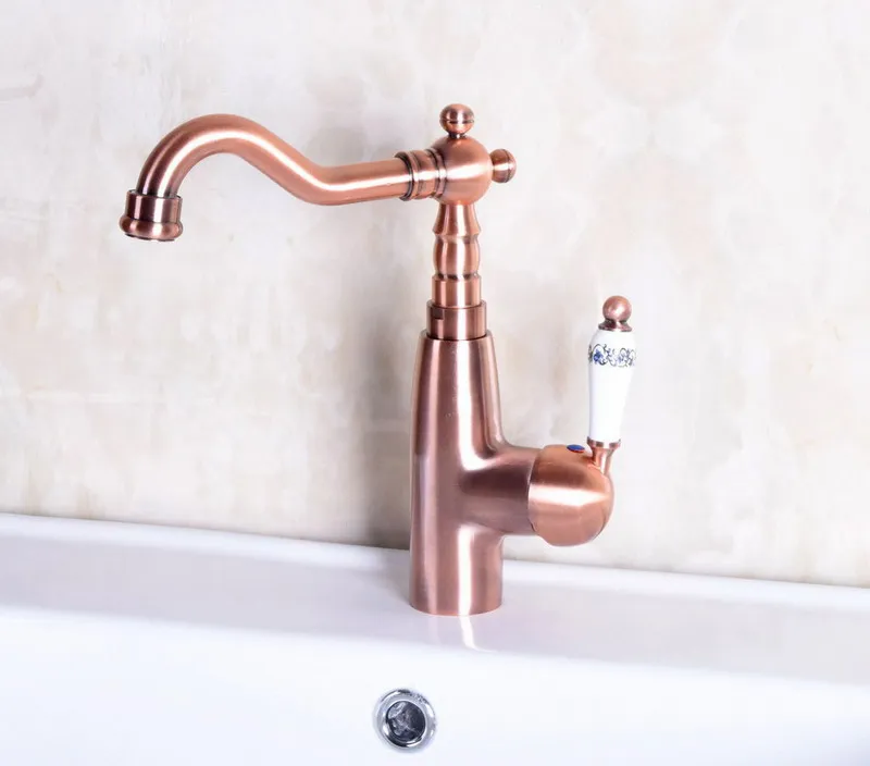 Vintage Red Copper Antique Brass Single Handle Swivel Spout Bathroom Basin Kitchen Sink Faucet Cold & Hot Mixer Tap anf133