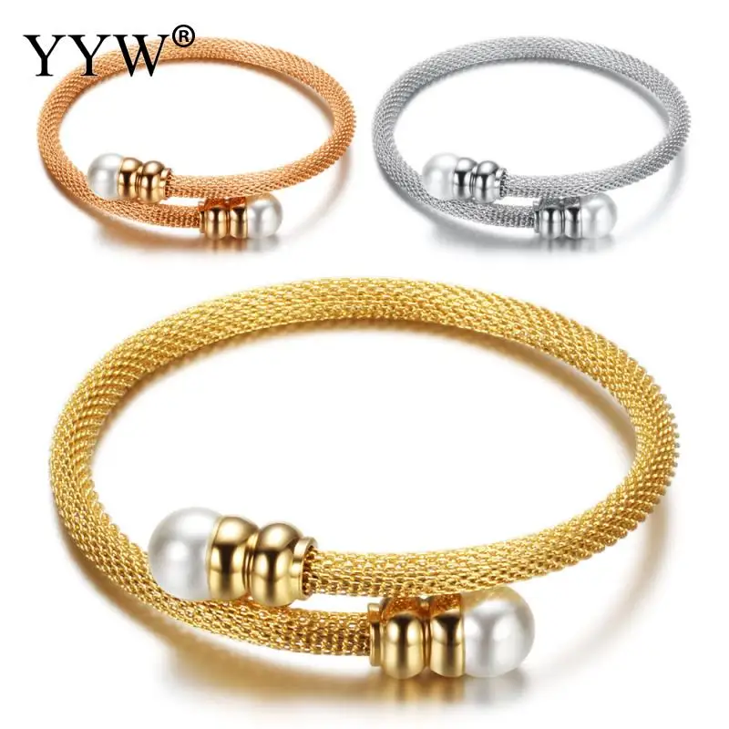 

Fashion Pearl Jewelry Hot Sale New Women Cable Bangles Gold 316l Stainless Steel Bracelets Bangles