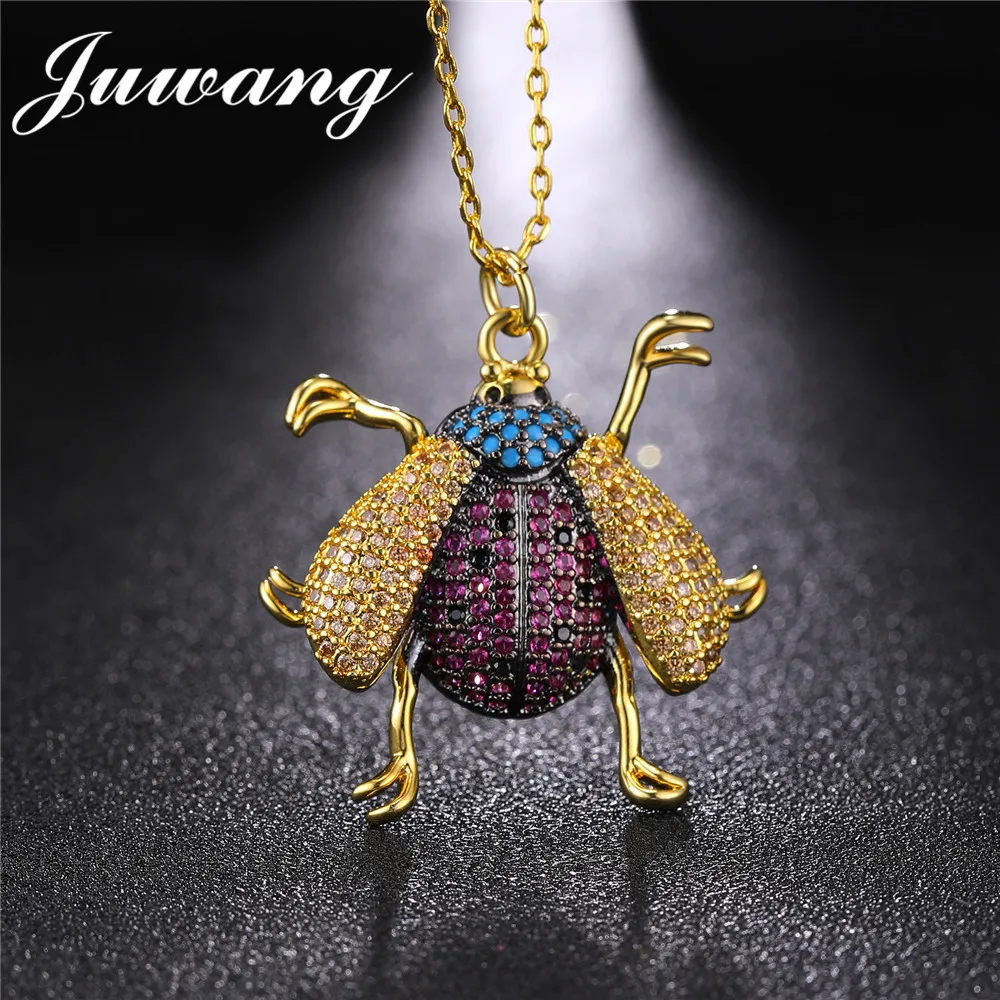 

JUWANG Gold Color Insect Necklace for Woman Copper Beatle Pendant Chain Necklace Chokers Cubic Zircon Luxury Fashion Jewelry