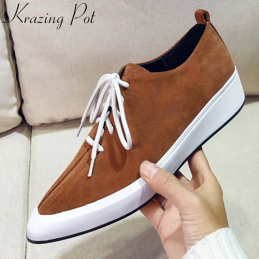 

Krazing Pot Kid Suede Thick Bottom Lace Up Loafers Spring Casual Shoes Pointed Toe British Style Platform Women Vulcanized Shoes