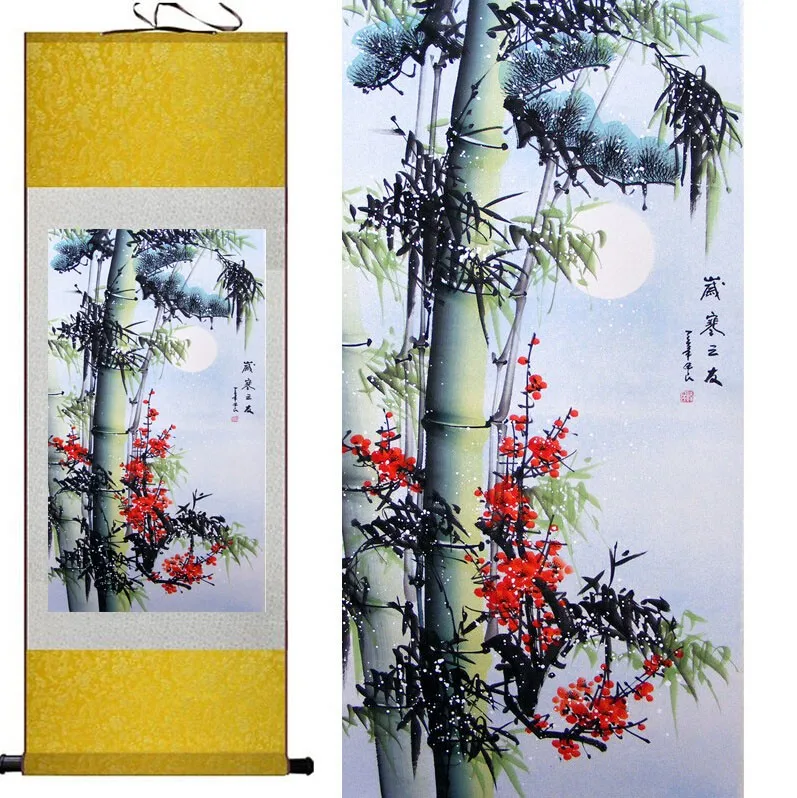 Картина из бамбука, украшение для дома и офиса, китайская живопись в свитке сосны, Бамбуковая и желтая печать