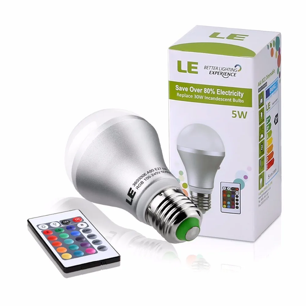 LE Pack of 2 Units Remote Controlled Color Changing A19 5W LED