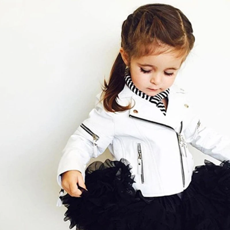 Spring Autumn Zipper Jacket Baby Girls PU Leather Jackets Kids Clothes