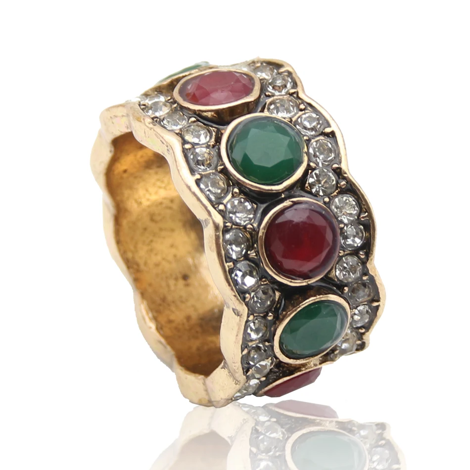

Fashion Double Color Crystal Antique Turkish Rings Wave Line Retro Gold Plate Ring Rome Court Luxury Jewelry Women Festival Gift