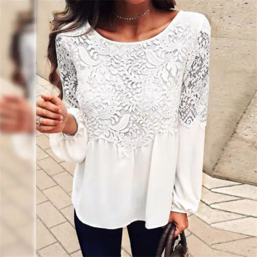 

Women Summer Loose Lace Patchwork Chiffon Blouse Shirts Long Sleeve Lace Shirt Tops Blouse Clothes White Black