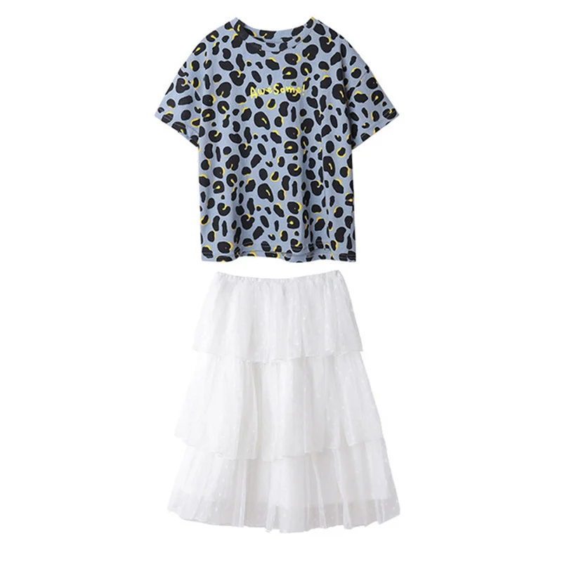 

Girls Clothes Set 2019 Summer Leopard Shirt +Long Cake Skirts 2 Pieces Sets Big Kids Basic Casual Cotton Clothing Suit 4-14 yrs