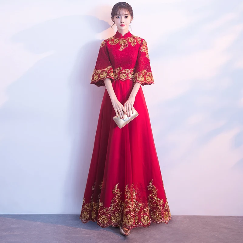 Азиатские невесты Весна Свадебное платье Китайская традиционная вышивка Чонсам с цветами кружева элегантное Сетчатое платье Размер xs-xxxl