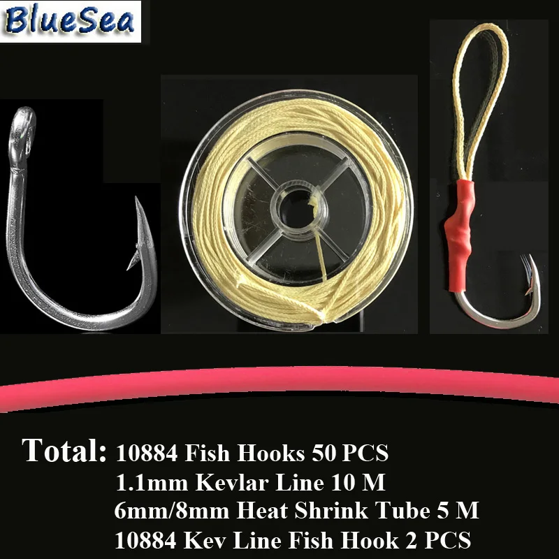 

BlueSea 10884 50 Pcs Stainless Steel Jig Assist Fish Hook Jigging Assist Bait Hook With Heat Shrink Tube 10M Kevlar Fishing Line
