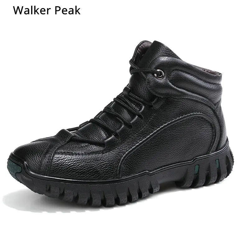 

100% Genuine Leather Boots Men Super warm Winter Shoes Thicken Plush Mens Snow Boots waterproof Anti-skidding Rubber sole Work