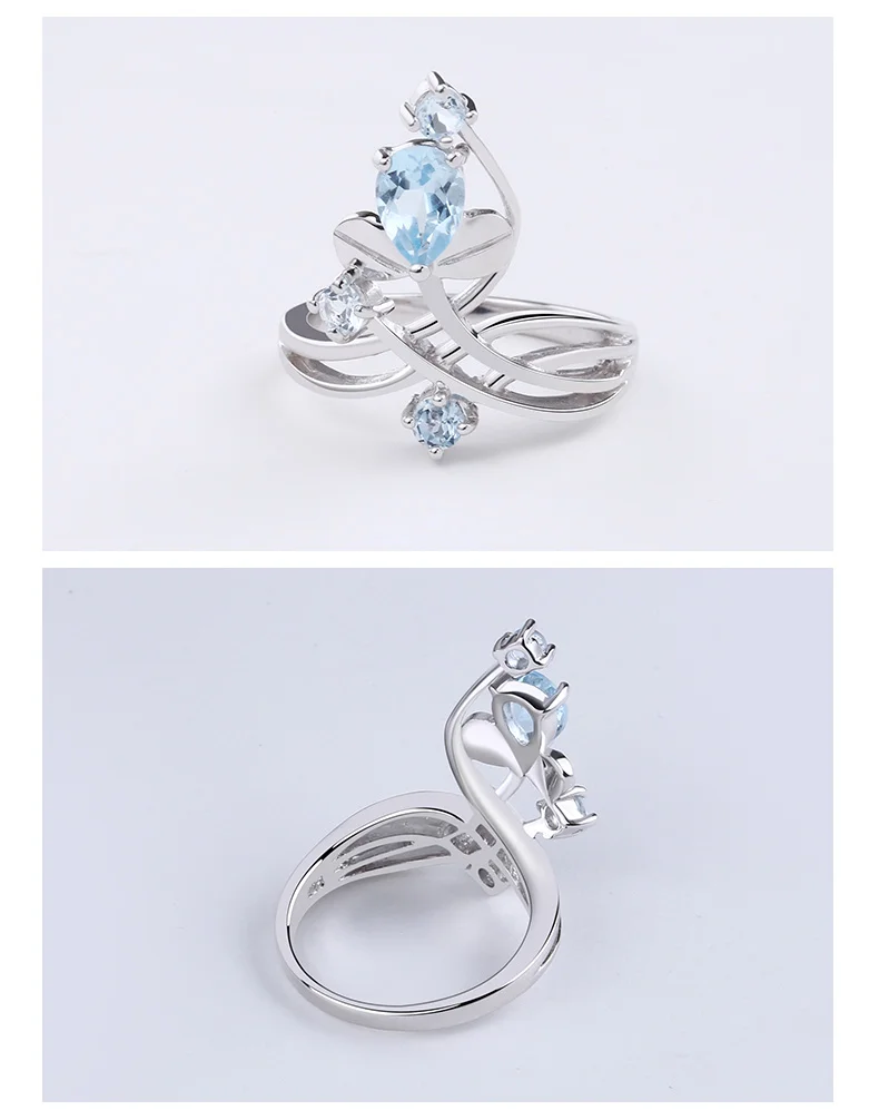 Жемчужное балетное кольцо 1.3Ct с натуральным голубым топазом, кольцо с драгоценным камнем, 925 пробы, серебряное цветочное кольцо для женщин, свадебное ювелирное изделие