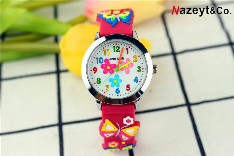 Бесплатная доставка, красивые кварцевые часы с цветочным циферблатом для девочек, 3D, маленькие дети, Бабочка, силиконовый ремешок, наручные