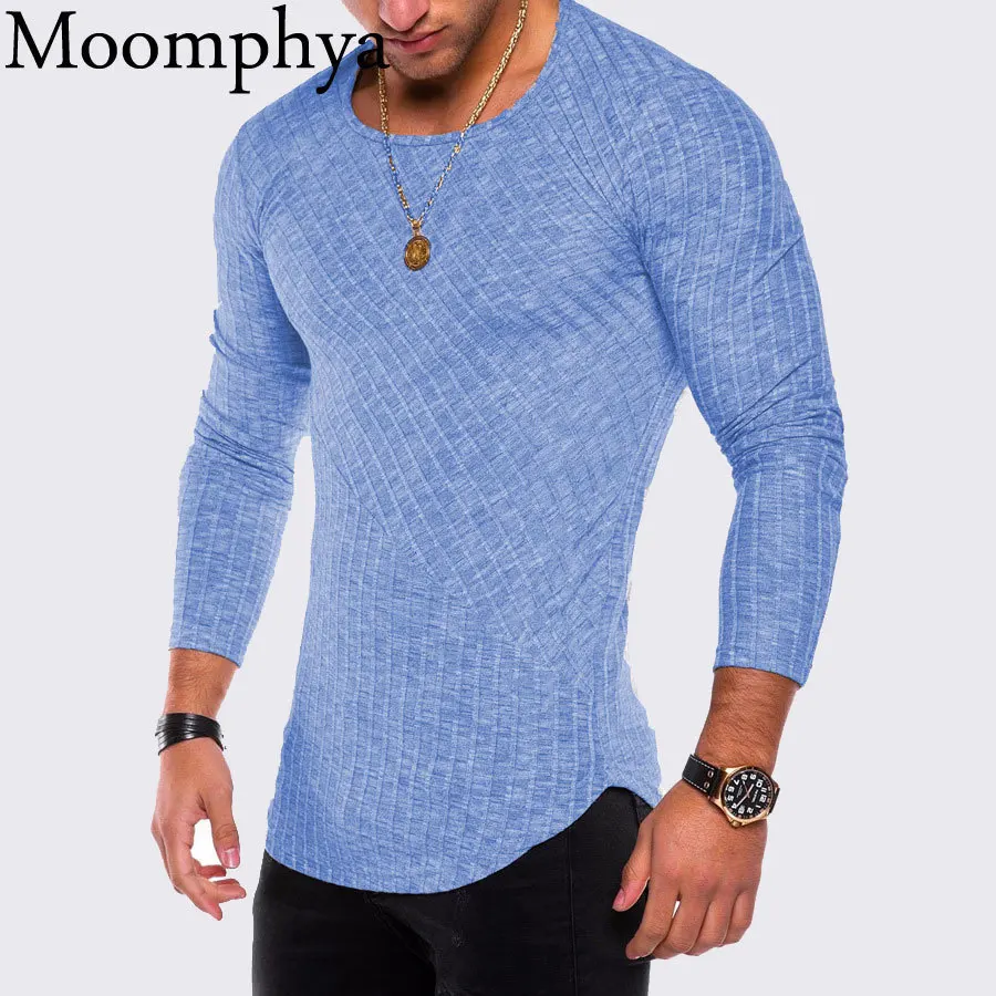 

Moomphya 2018 Men long sleeve t shirt longline curve hem hip hop tshirt Slim Fit Striped Rib funny t-shirt men streetwear
