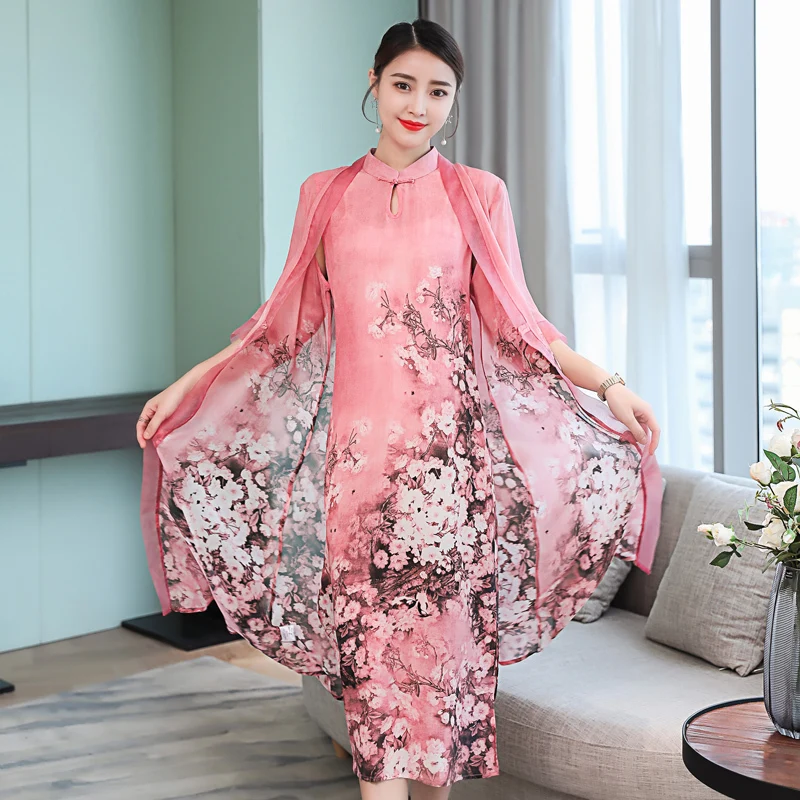 

Summer Autumn Fashion Women Stand Collar Floral Printed 3/4 Sleeve Dress Casual 2 Pieces Party Dresses Vestidos
