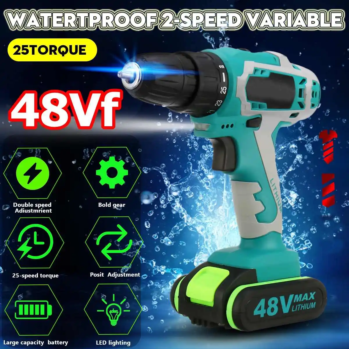 48V Cordless Drill Driver 50Nm 5000mAh Dual Li-Ion Battery 2-Speed Screwdriver