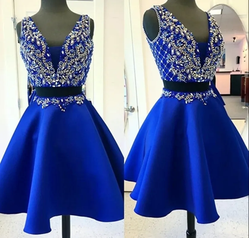 Two Pieces Unique Crystal Beaded Royal Blue Stain Short Homecoming Dresses For Girls Sexy V Neck