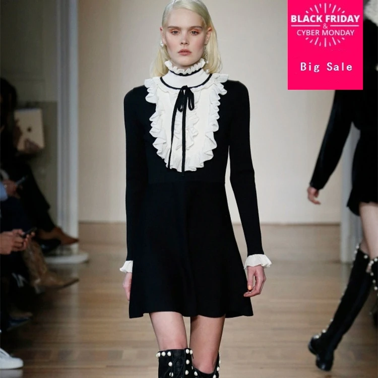 

2018 spring new fashion brand knit ruffles dress women's high-collar black stiching white hit color dress wj1793 free shipping