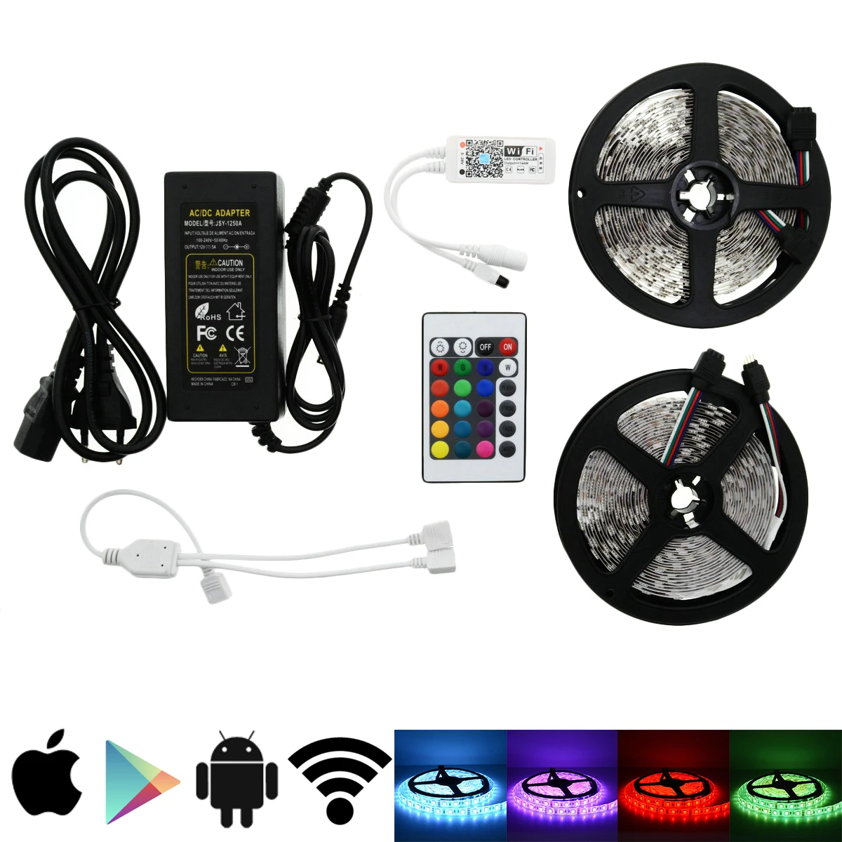 

5M 10M 15M Wifi Controller 5050 RGB LED Strip light lamp Waterproof IP20 neon Flexible Tape diode ribbon DC 12V adapter set