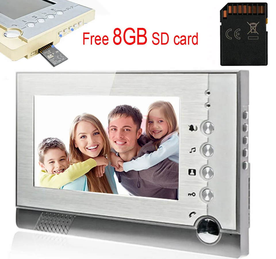 

Wired Video Intercom Video Recording+8GB SD Card /Support Remote Unlock/Hands-free/Video/Talk 7''LCD Indoor Monitor Silver