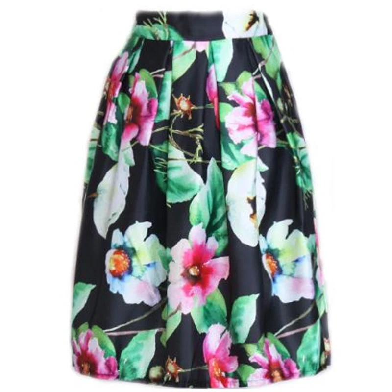 Women Retro Midi Skirt Saia Floral Print Pleated Colored Midi Long