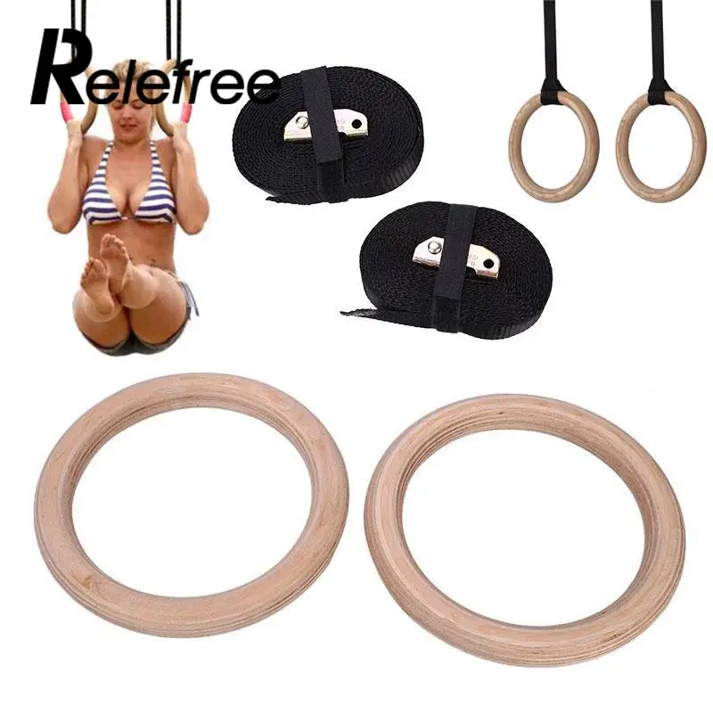 

New Wooden 28mm Exercise Fitness Gymnastic Rings Gym Exercise Pull Ups Muscle Ups Adjustable Crossfit Muscle Strength Training