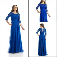 Sexy Scoop Neckline Royal Blue Lace Evening Dresses 2014 robe de soiree long Chiffon Prom Gowns Half Sleeves