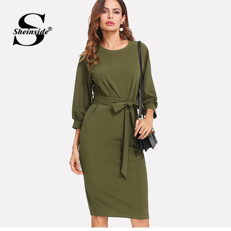 Sheinside Army Green Workwear Bodycon Midi Dress Office Ladies Long