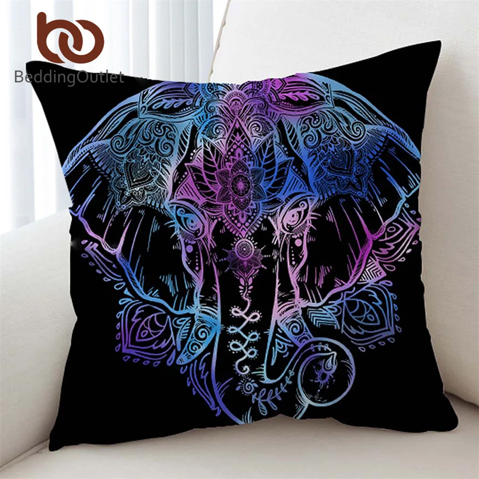 

BeddingOutlet Elephant Cushion Cover Bohemian Pillow Case Lotus Flower Throw Cover Decorative Black Pillow Cover Home Decor