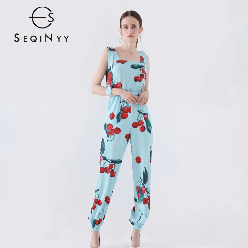 

SEQINYY Loose Jumpsuit 2020 Summer New Fashion Design Sleeveless Bow Fruit Printed Elastic Waist Casual Women Jumpsuit