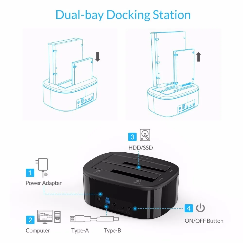ORICO Dual Bay HDD Docking Station with Offline Clone SATA to USB 3.0 HDD Clone Docking Station for 2.5/3.5'' SSD HDD Enclosure hard disk box