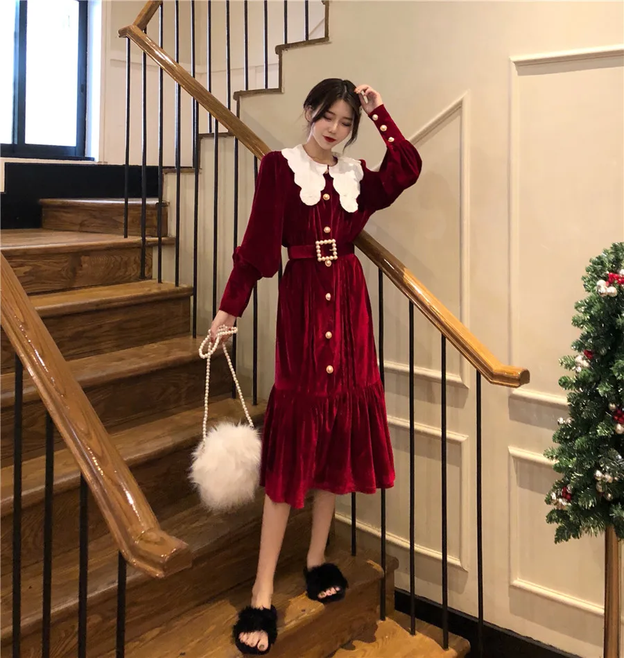 

Beautiful Vintage Velours Dress Ruffles a Line Pearls Lantern Sleeve Midi Dress Robe Femme Vestido Mujer Vestiti Donna
