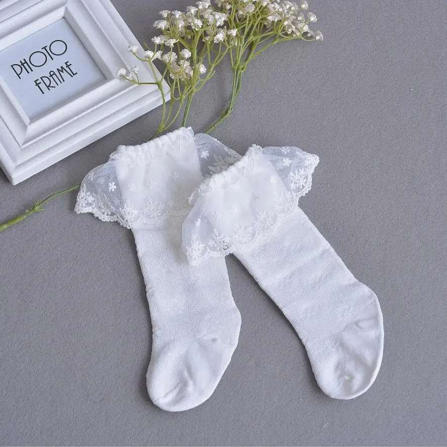 

1Pair Baby Girl Newborn Thin Baptism White Pink Sky Flower Mesh Tulle Decorated Knee Lace Stockings