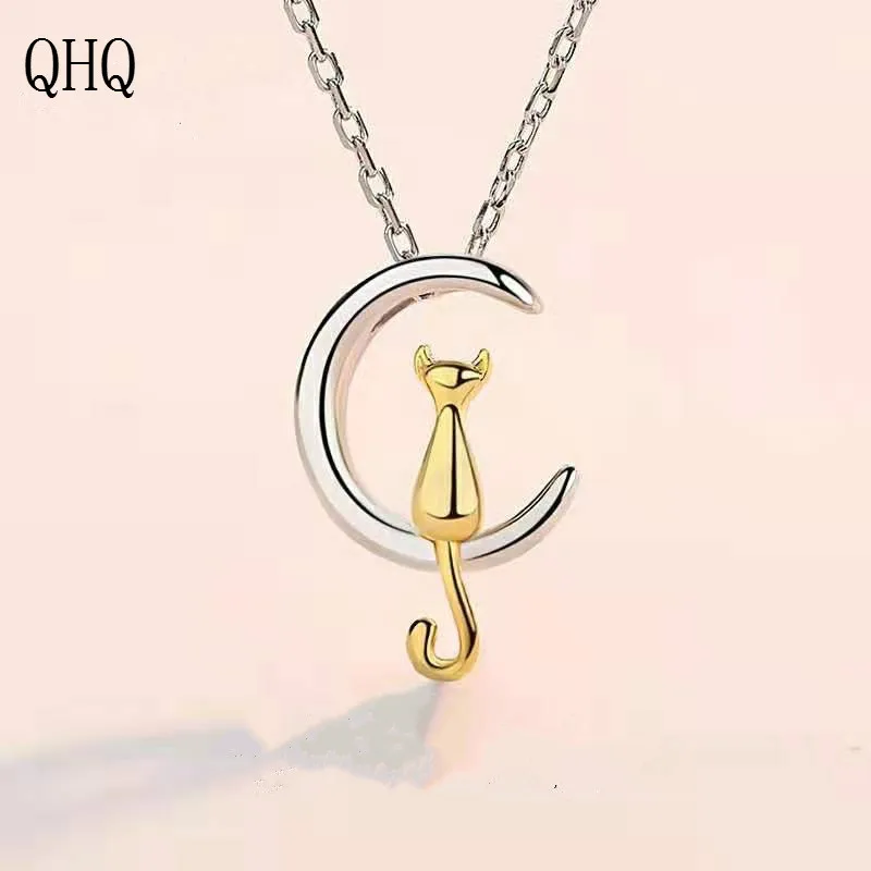 

QHQ pendant necklace collier ethnique boheme cat in moon gold long best friends choker fashion chain women gifts accessories