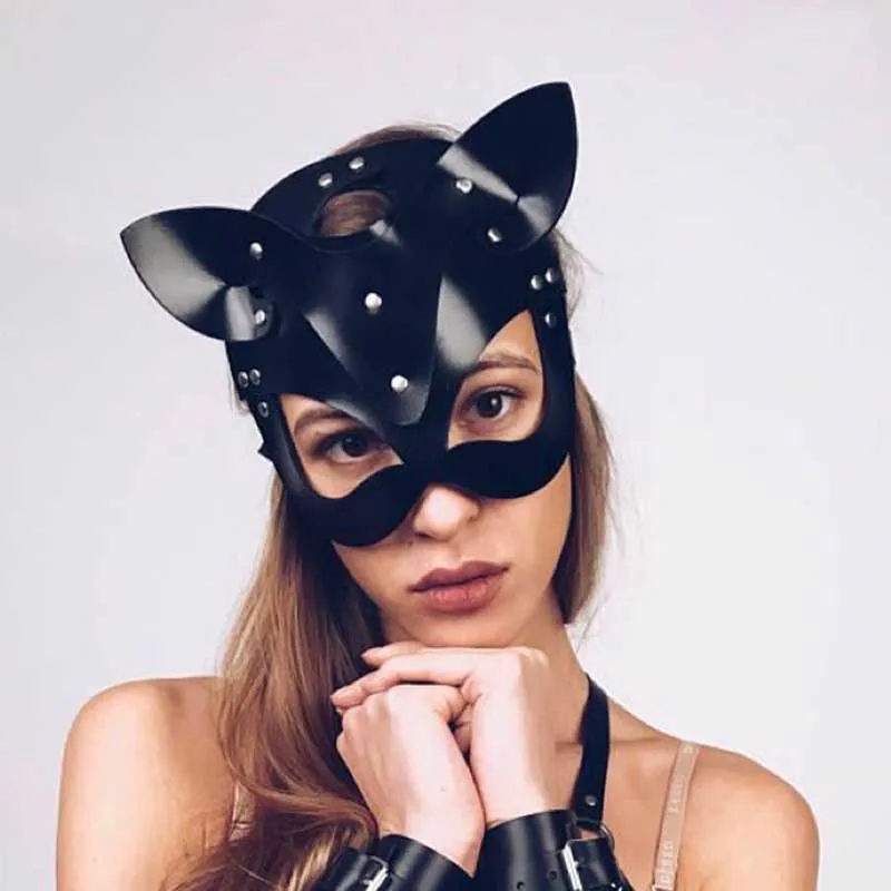 Высококачественные женские маски с котом на половину лица, искусственная кожа, повязка на голову, аксессуары, вечерние, косплей, панк, черные, регулируемые маски