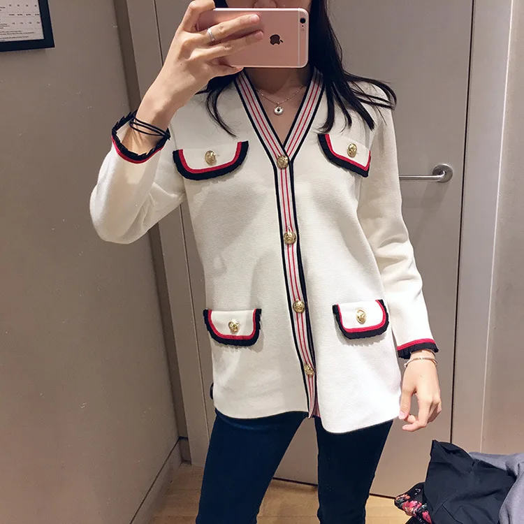 

Women Sweater 2019 Spring and Summer Contrast Color Casual V-neck Cardigan Coat