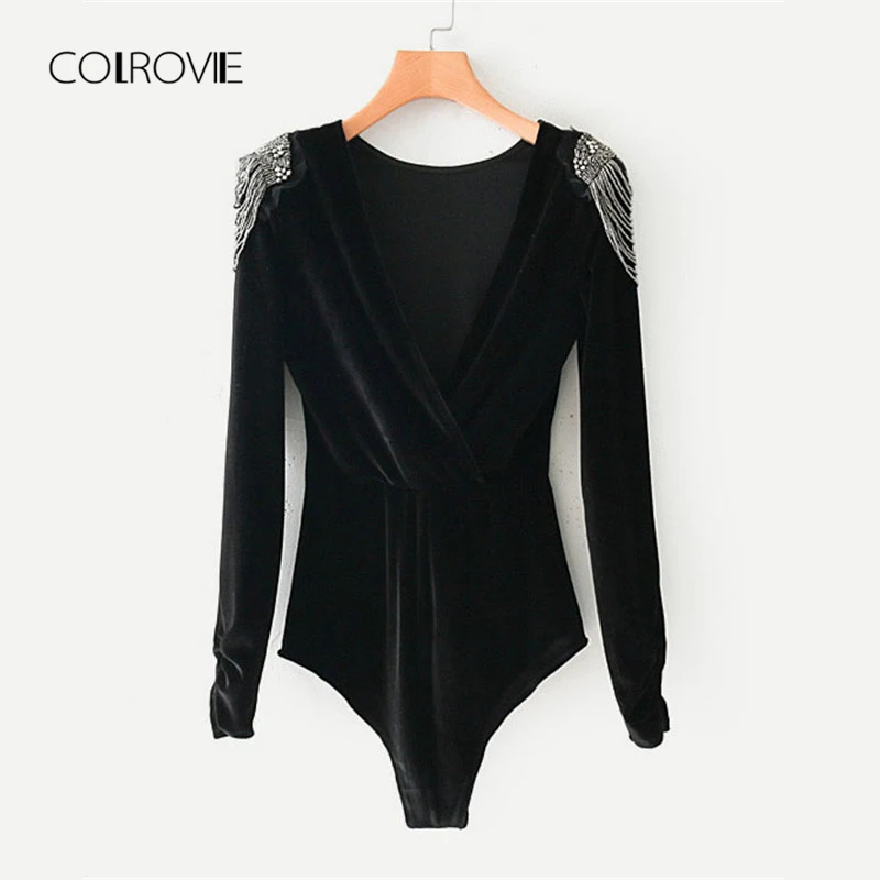 Goedkoop COLROVIE Zwart v hals Kralen Schouder Sexy Fluwelen Bodysuit Vrouwen Lange Mouwen Wrap Plain Rompertjes 2018 Lente Skinny Bodysuit