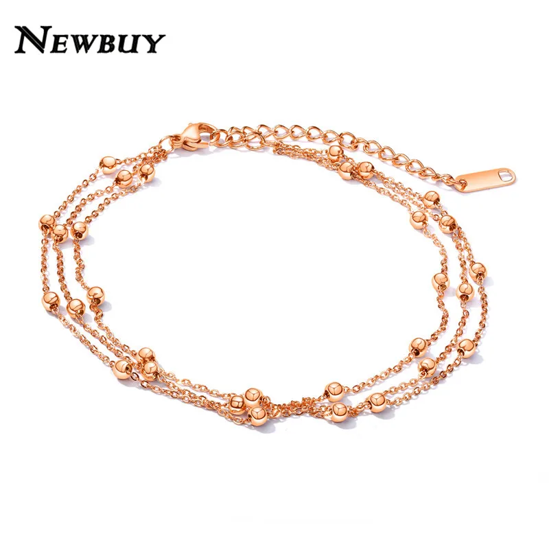 

NEWBUY Multilayer Stainless Steel Anklets For Women Silver/Rose Gold Color Beads Ankle Bracelets Wholesale