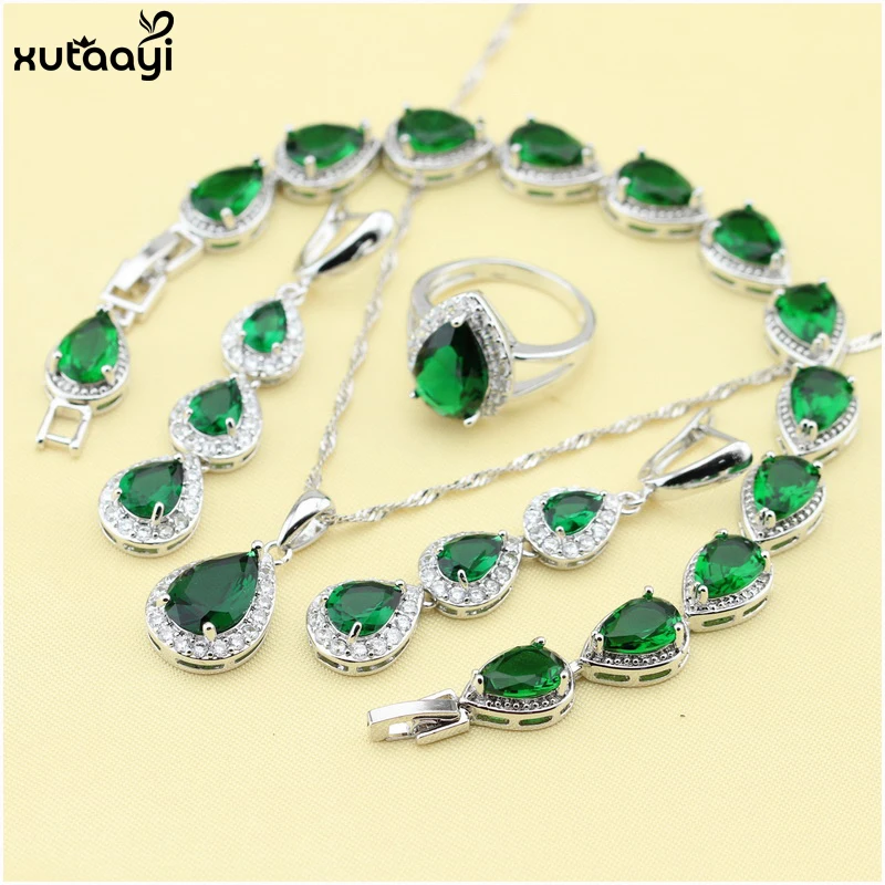 XUTAAYI vysoce kvalitní stříbrné šperky sady zelené imitace Emerald efektní náhrdelník / prsteny / náušnice / náramek svatební šperky