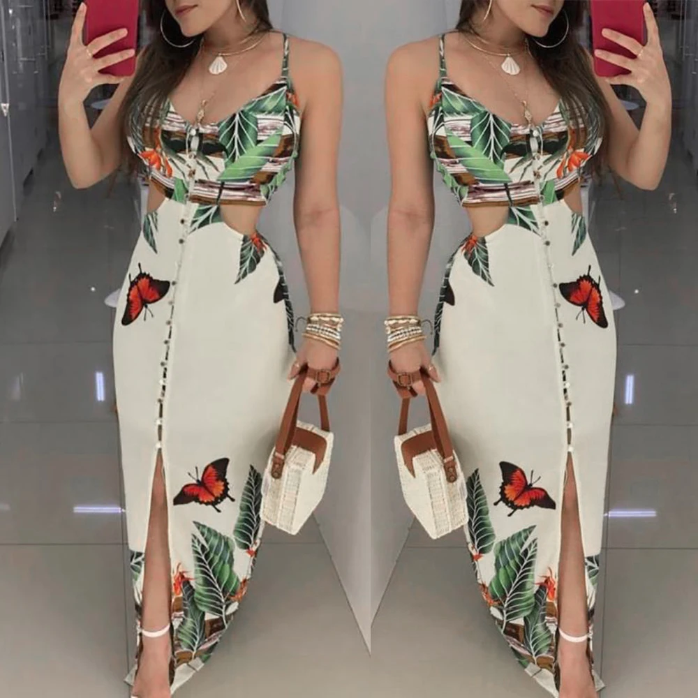 

2019 Fashion V-neck Beach Dress Women Cover UP Ladies Sexy Long Dress Floral Print Strappy Dresses Outdoor Casual Female Cover