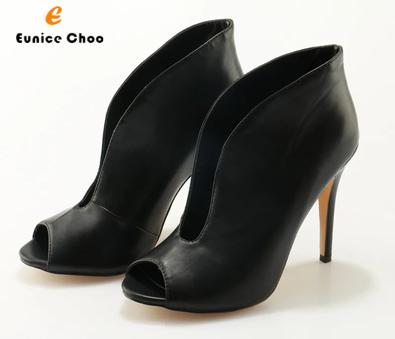 

Eunice Choo Black Leather Peep Toe Women Ankle Boots Slip On V Open High Heel Short Boots Office Ladies Sexy Dress Shoes