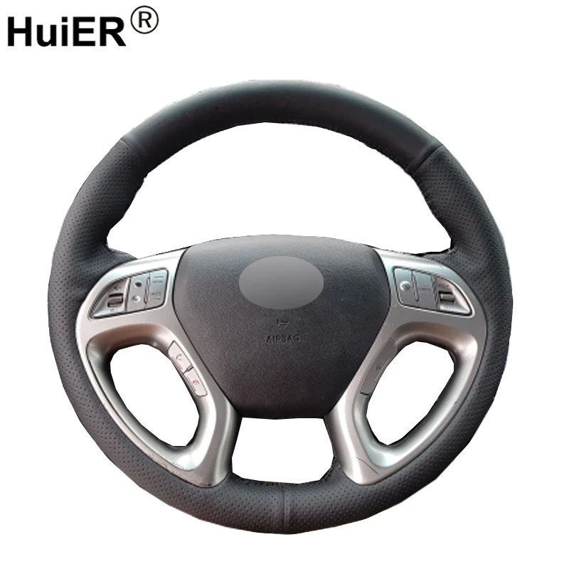 Huier Hand Sewing Car Steering Wheel Cover Black Leather For Hyundai