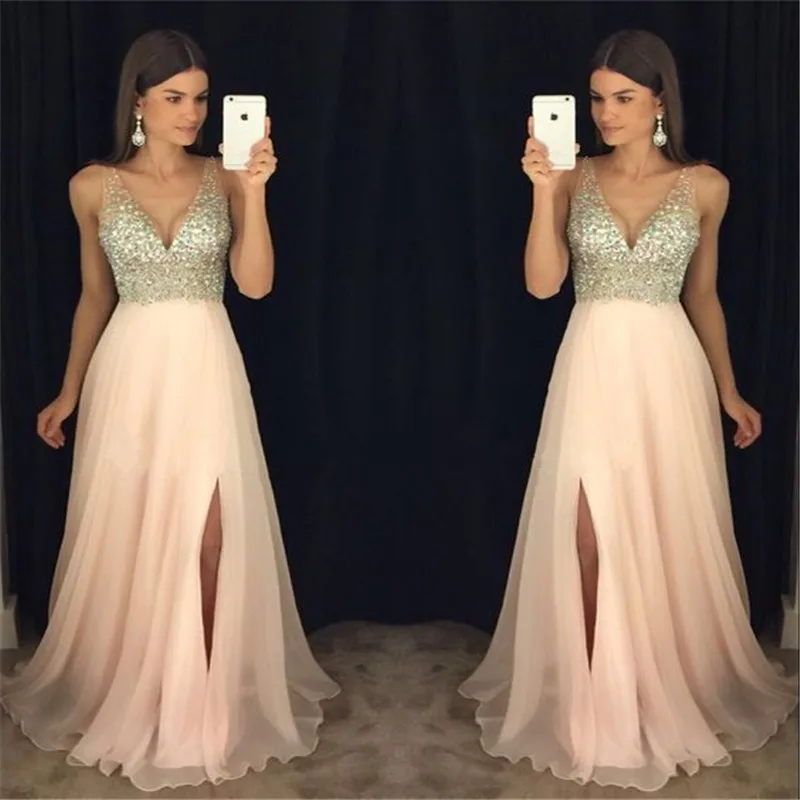 

New Arrival 2017 Fashion A-Line Pageant Formal V-Neck Prom Dress Rhinestone Crystals Chiffon Long Women Formal Evening Dresses
