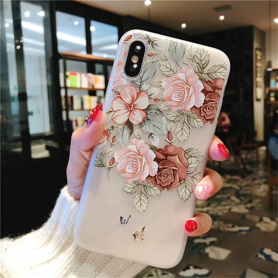 MOUSEMI 3D Relief Luxury Phone Case For iPhone 7 8 Flowers Fundas Floral Soft TPU Silicone Case For iPhone 7 8 Plus Capa Silicon (4)