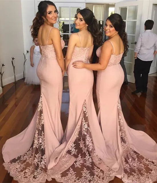 New Style Elegant Blush Pink Lace Liques Vintage Bridesmaid Dress New Style Elegant Blush Pink Lace Liques Vintage Bridesmaid Dress Spaghetti Straps Sweep Floor Gowns