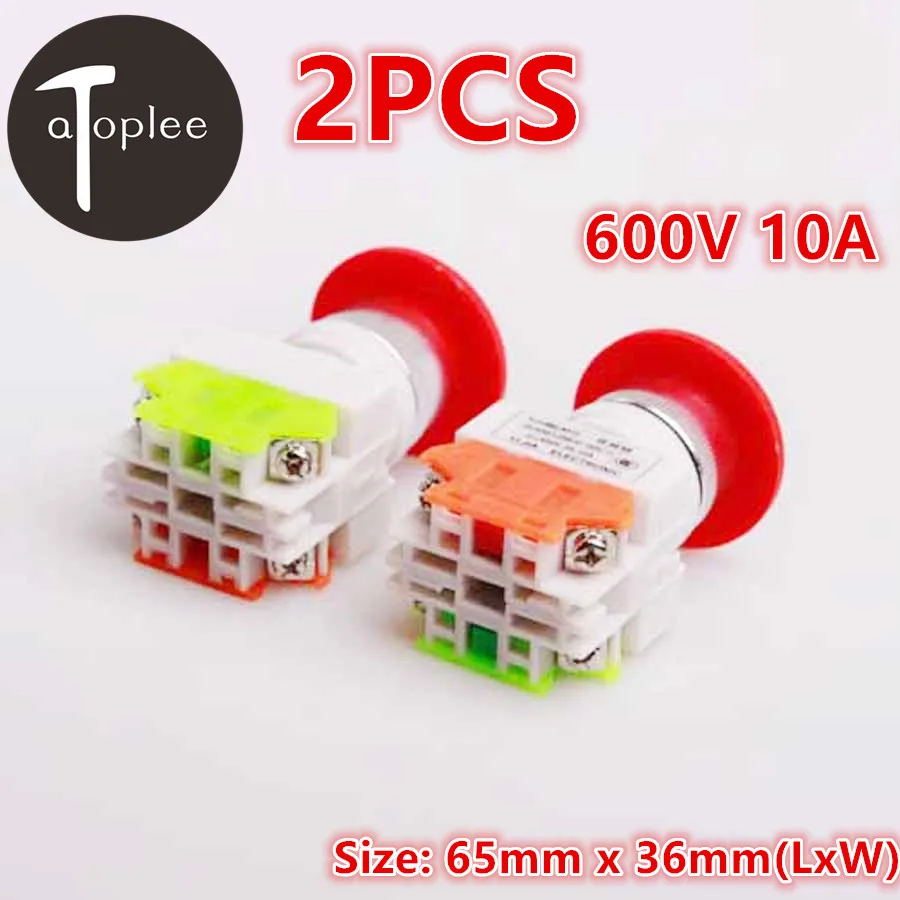 Atoplee 2Pcs 600V 10A Emergency Stop Mushroom Push Button Switch Double