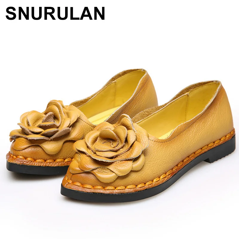 

SNURULANVintage Handmade Folk Style Women Flats Casual Shoes GenuineLeather Lady Soft BottomShoes for Mother Fashion LoafersE193